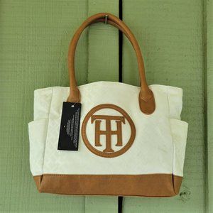 NWT TOMMY HILFIGER White Fabric Tan Faux Leather Shopper Bag